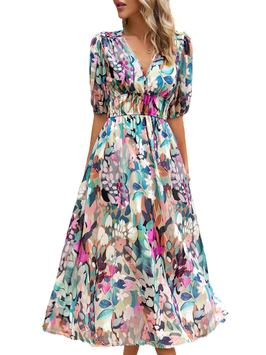 Women's Dresses Temperament Print Waist V Neck Midi Dress