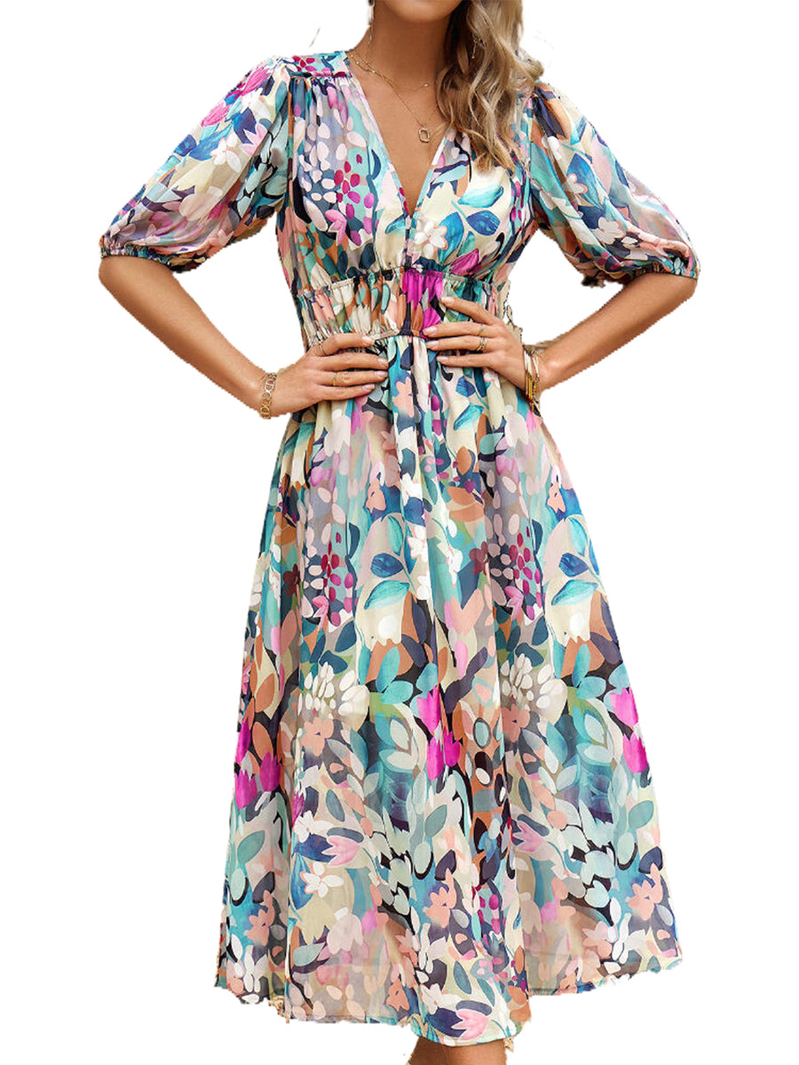 Women's Dresses Temperament Print Waist V Neck Midi Dress