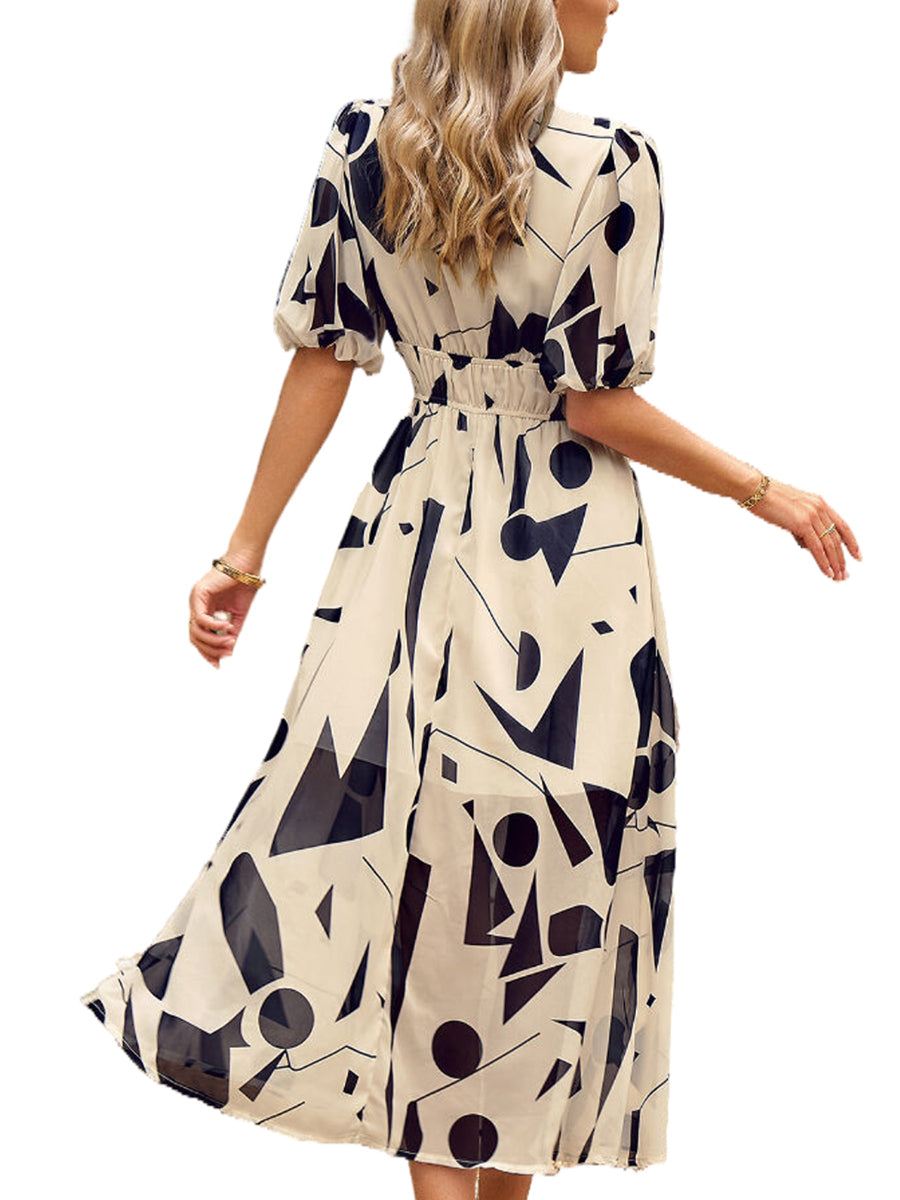 Women's Dresses Temperament Print Waist V Neck Midi Dress