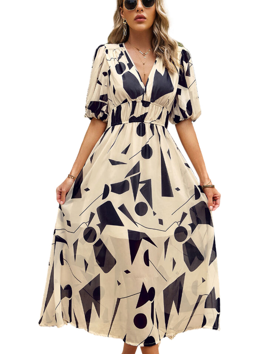 Women's Dresses Temperament Print Waist V Neck Midi Dress