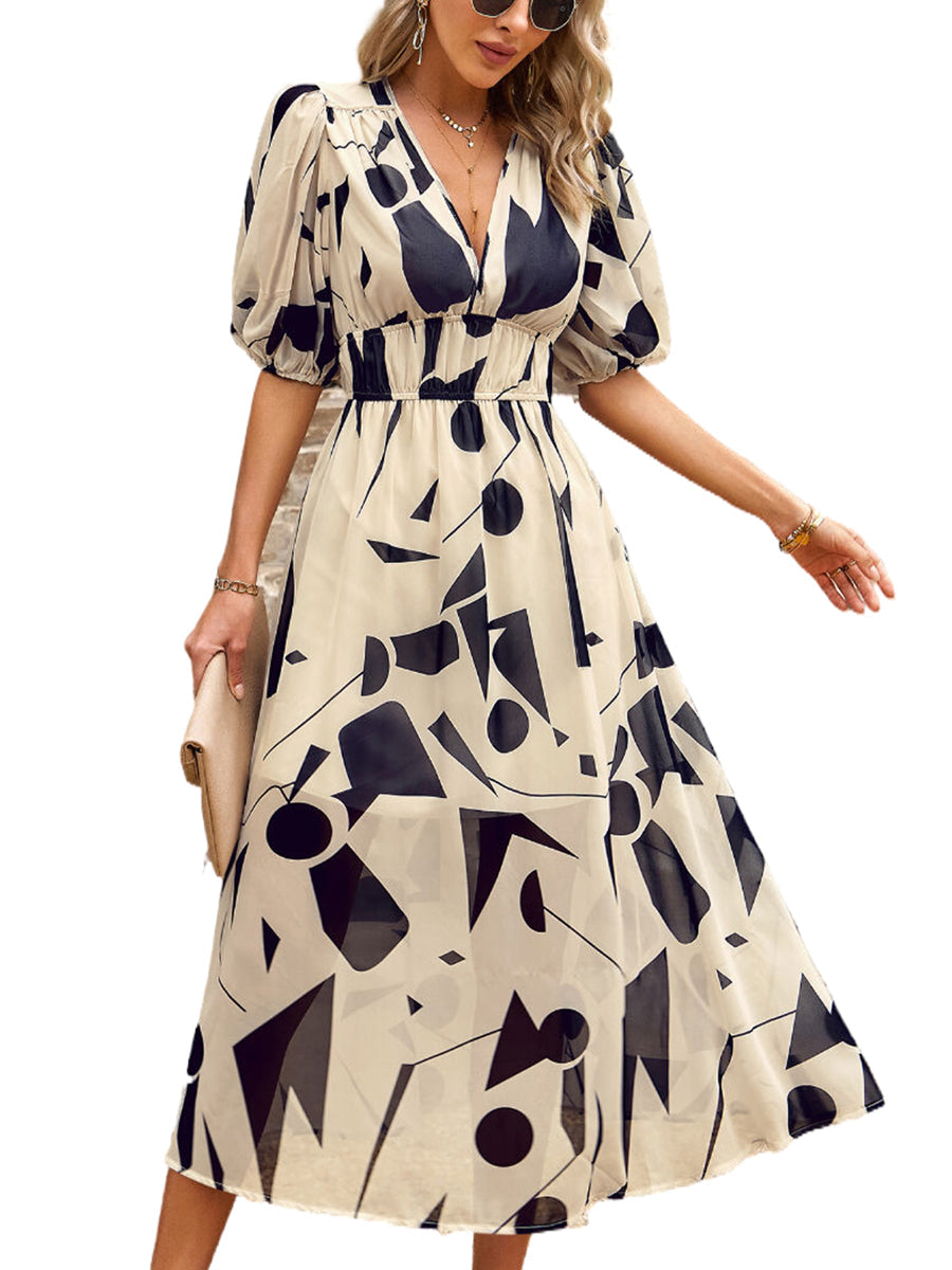 Women's Dresses Temperament Print Waist V Neck Midi Dress