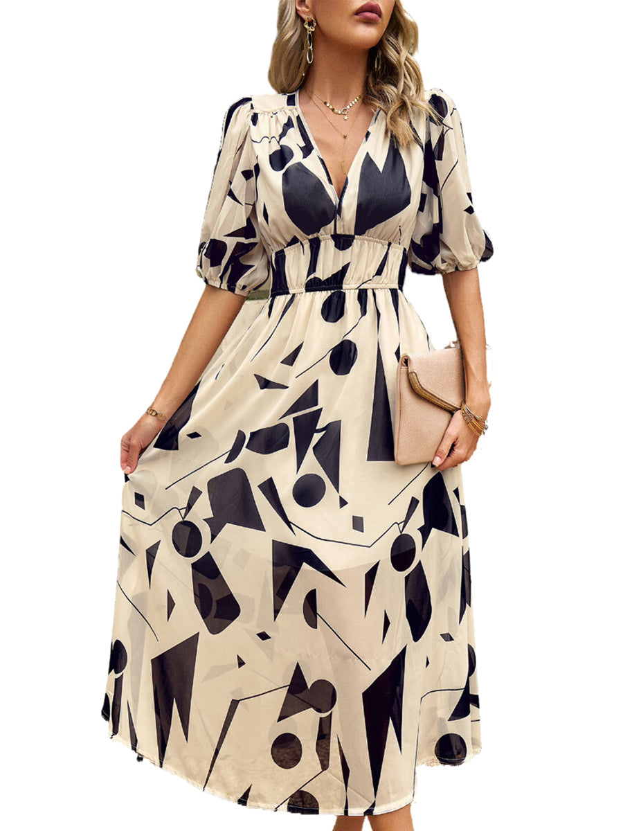 Women's Dresses Temperament Print Waist V Neck Midi Dress