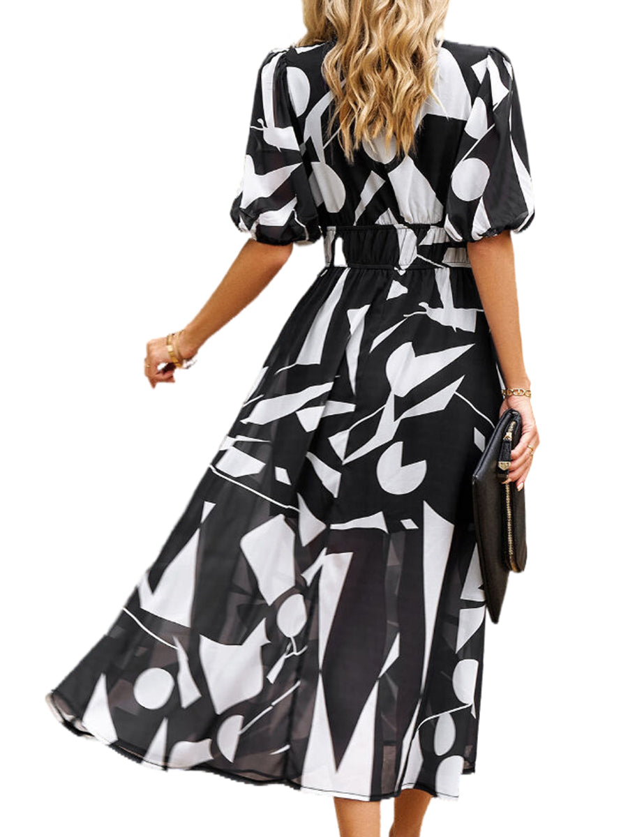 Women's Dresses Temperament Print Waist V Neck Midi Dress