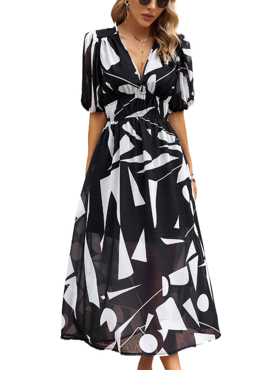 Women's Dresses Temperament Print Waist V Neck Midi Dress