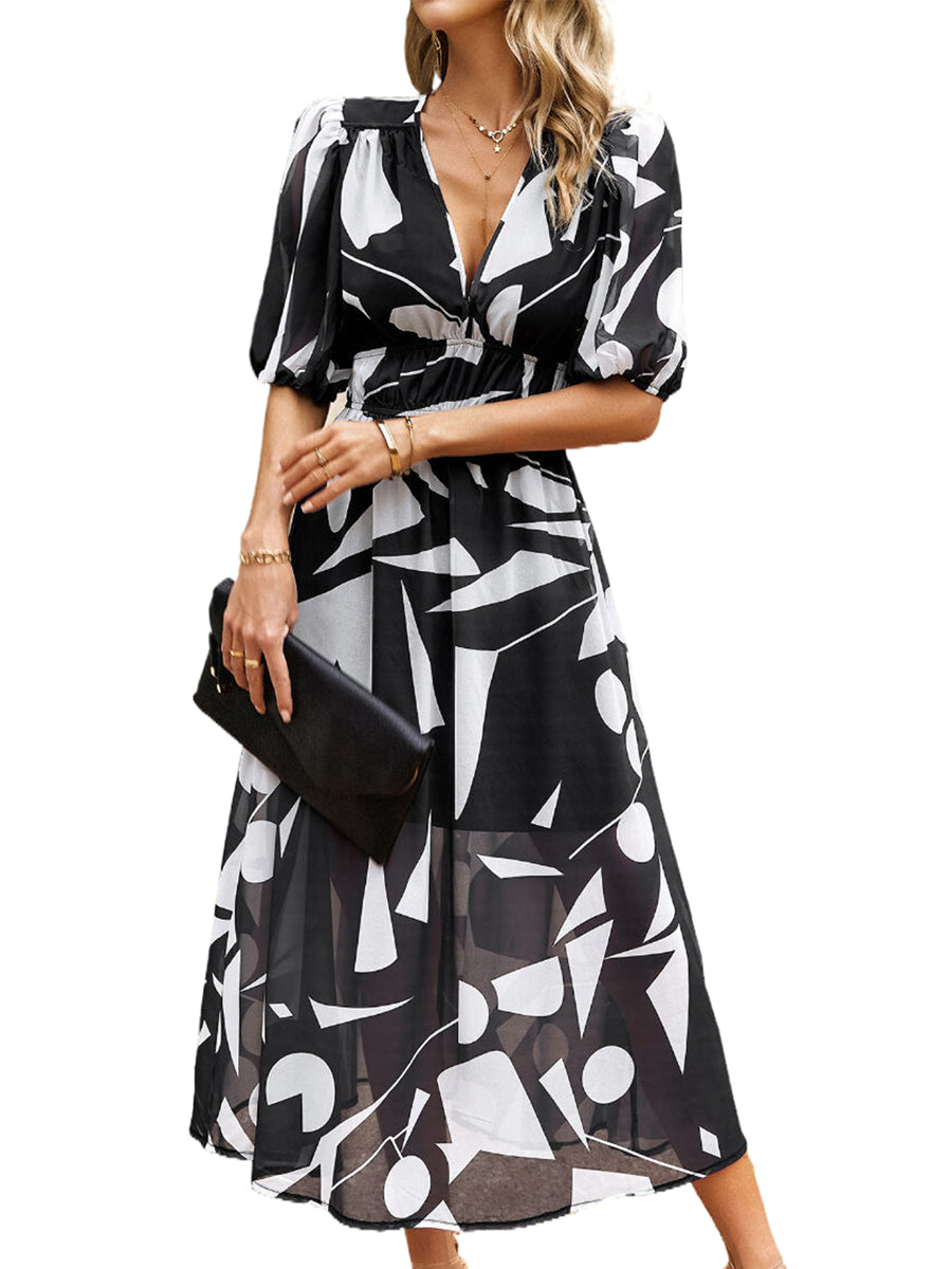 Women's Dresses Temperament Print Waist V Neck Midi Dress