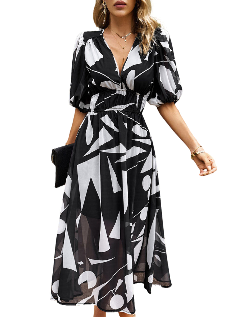 Women's Dresses Temperament Print Waist V Neck Midi Dress