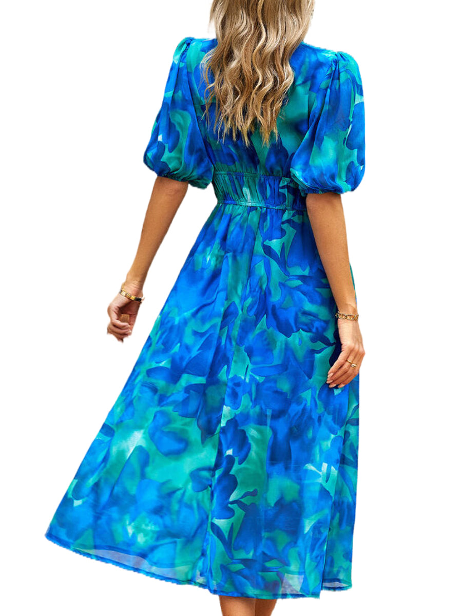 Women's Dresses Temperament Print Waist V Neck Midi Dress