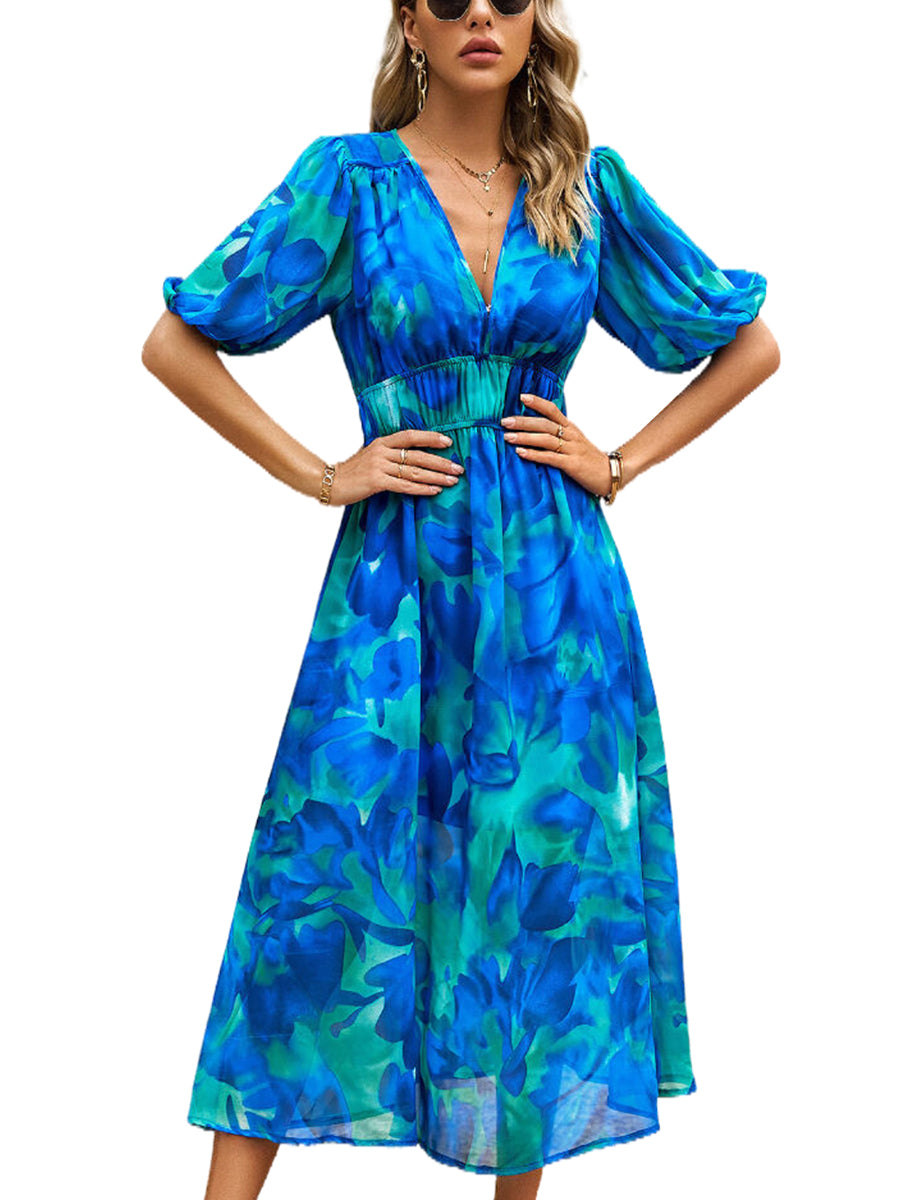 Women's Dresses Temperament Print Waist V Neck Midi Dress