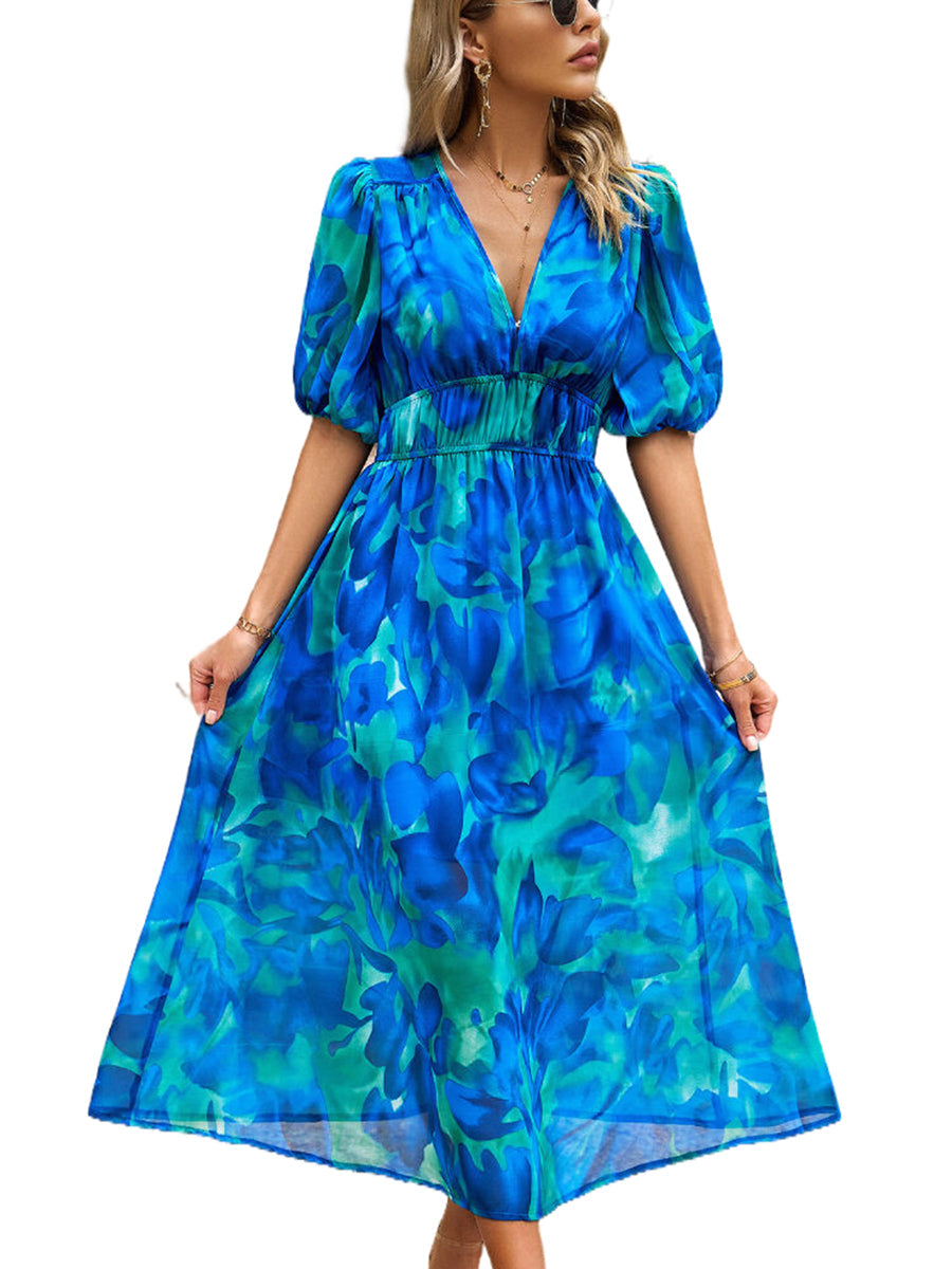 Women's Dresses Temperament Print Waist V Neck Midi Dress