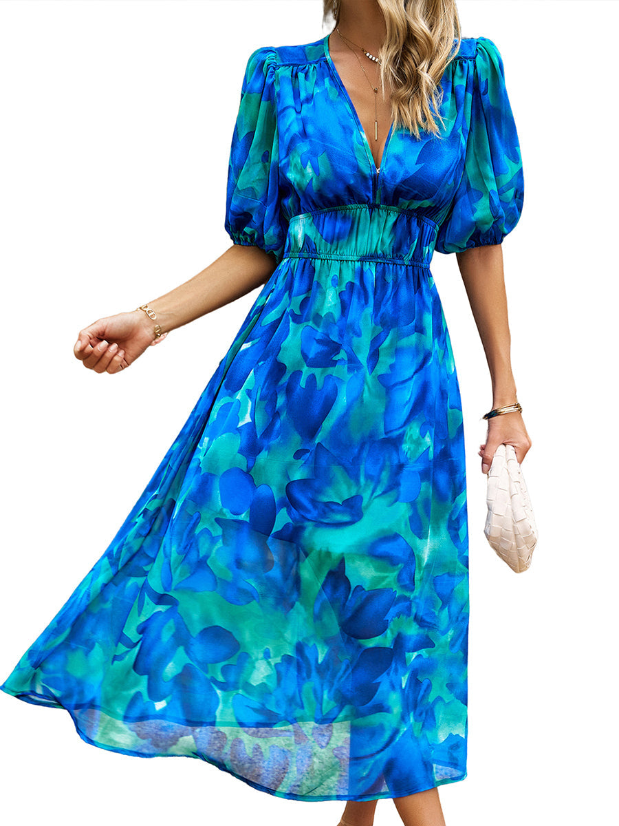 Women's Dresses Temperament Print Waist V Neck Midi Dress