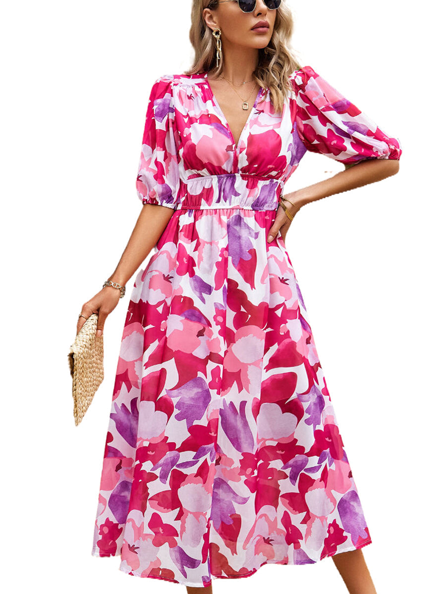 Women's Dresses Temperament Print Waist V Neck Midi Dress