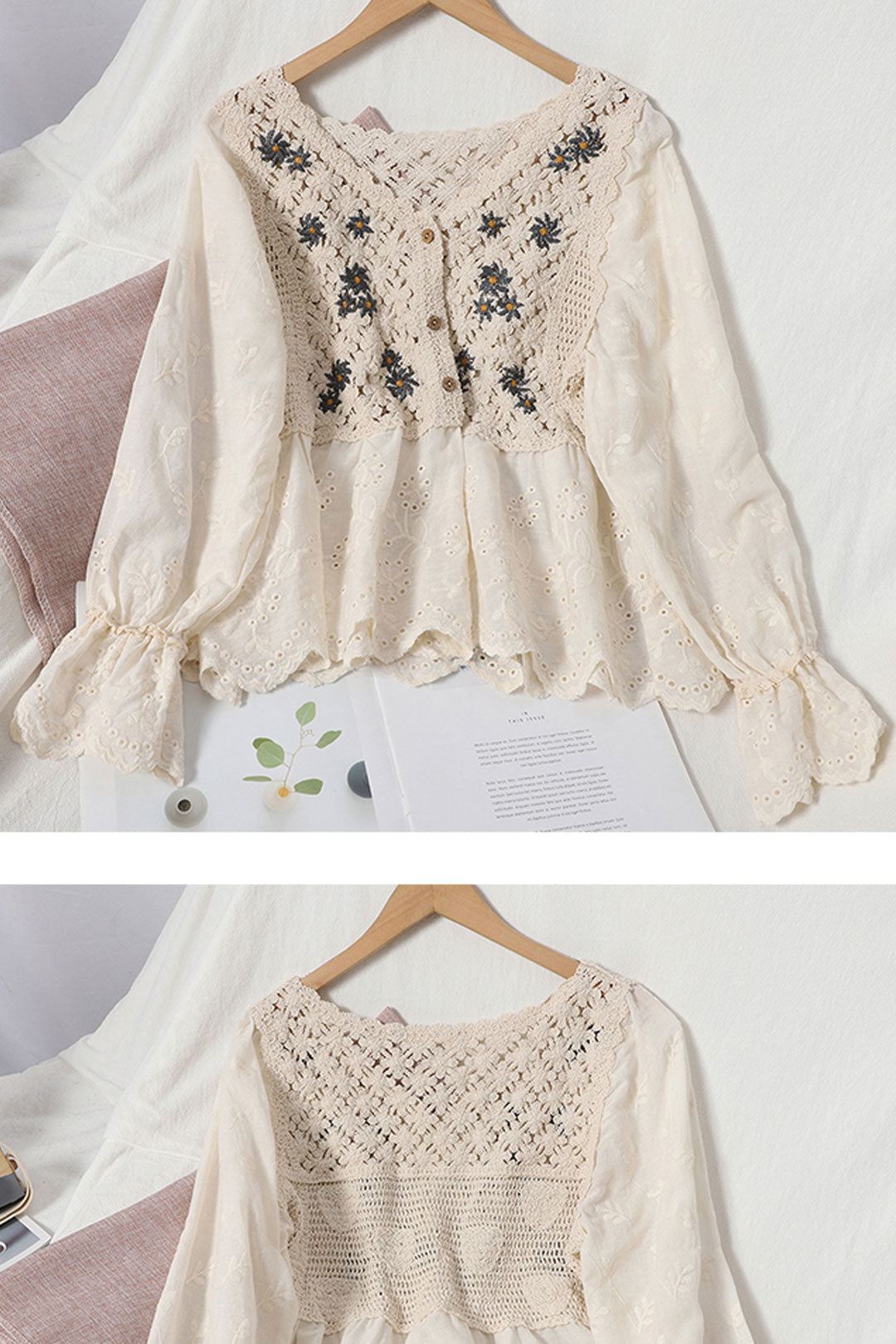 Boho Vintage Blouse Shirt, Yara in White and Apricot