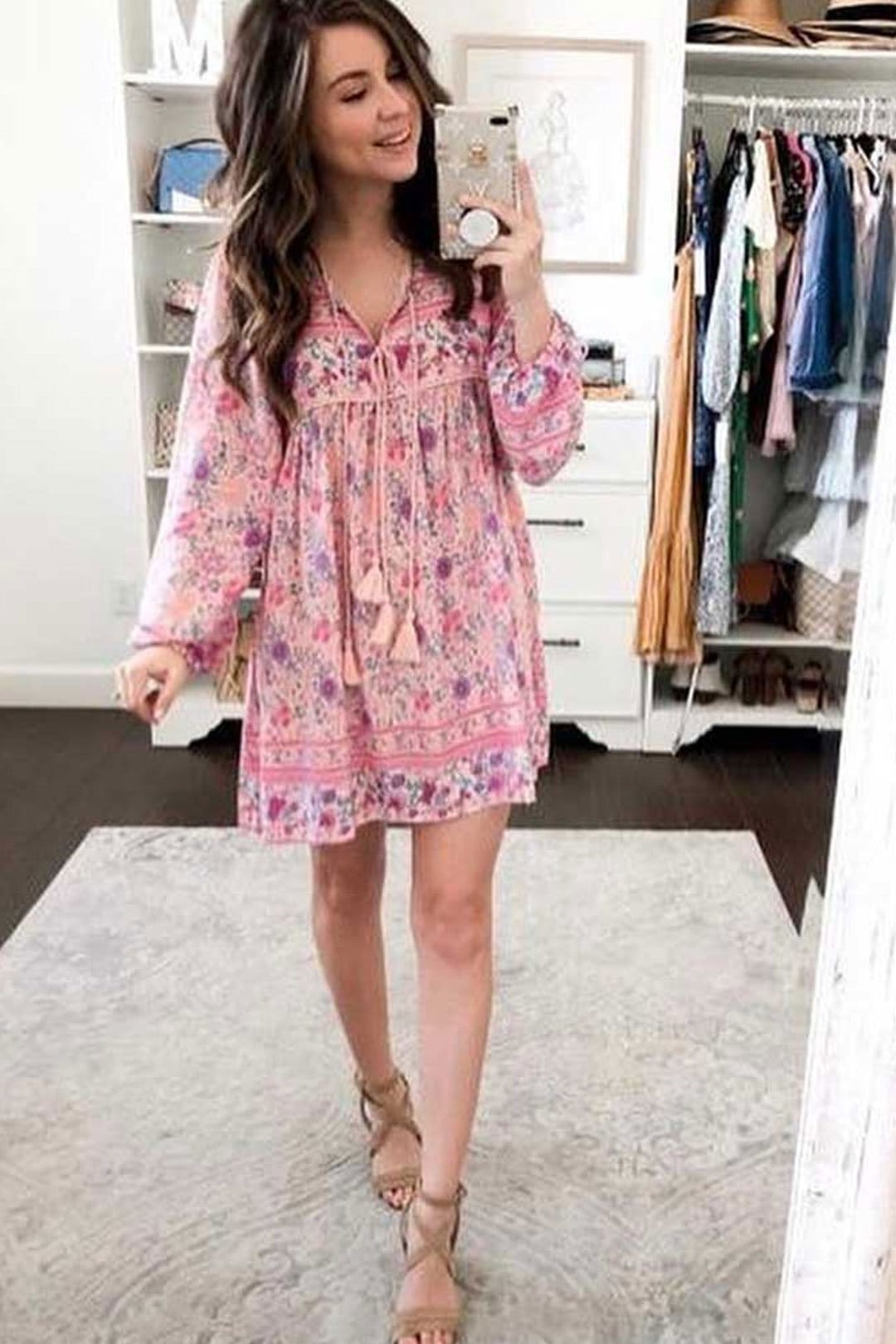 Boho Mini DressTunic Dress, Wild Floral in Pink