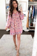 Boho Mini DressTunic Dress, Wild Floral in Pink