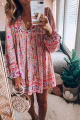 Boho Mini DressTunic Dress, Wild Floral in Pink