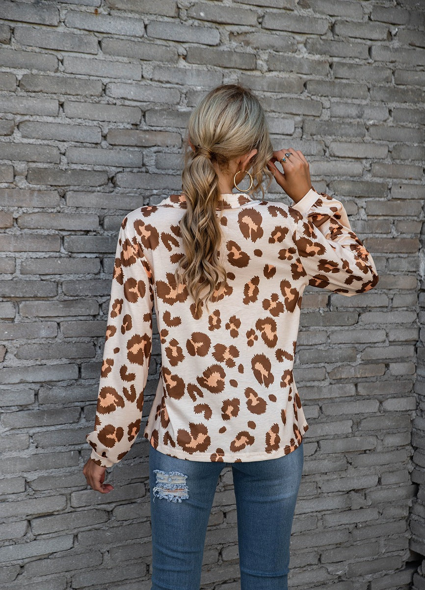 Leopard V Neck Long Sleeve T Shirt