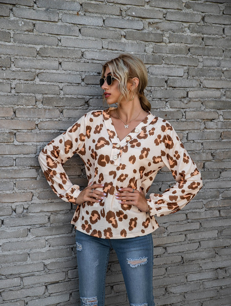 Leopard V Neck Long Sleeve T Shirt