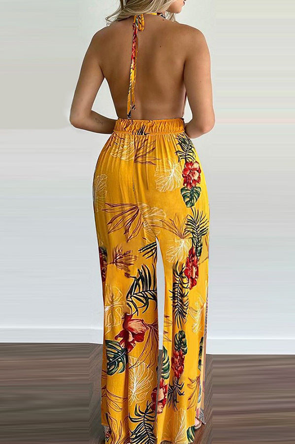 Carneros Floral Print Halter Wide Leg Jumpsuit