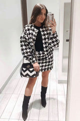 Autumn Winter Two Piece Set, Matching Wool Plaid Jacket and Mini Skirt, Vintage Winter in Black-White