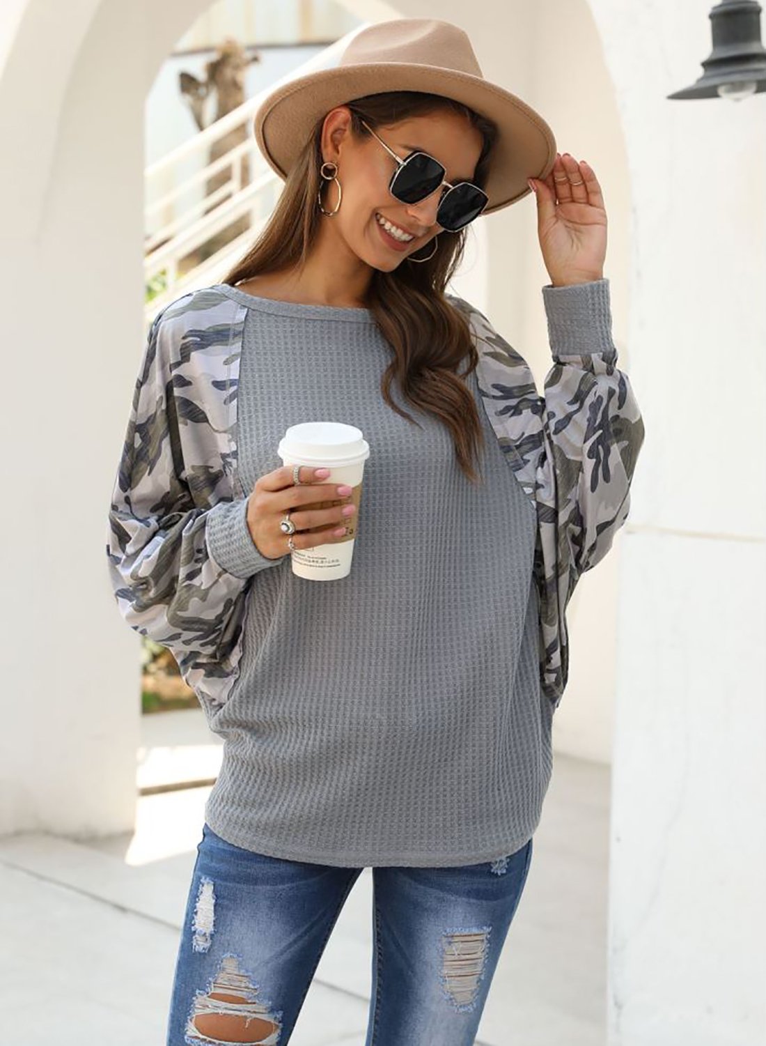 Camouflage Leopard Off Shoulder Batwing Sleeve Shirt