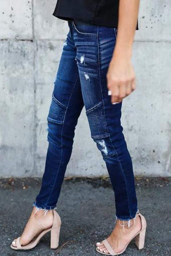 Regular Waist Solid Color Skinny Fit Hole Jeans