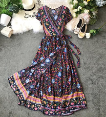 Boho Maxi Dress, Sundress, Wrap Dress, Country Girl Floral in Red and Navy