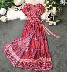 Boho Maxi Dress, Sundress, Wrap Dress, Country Girl Floral in Red and Navy