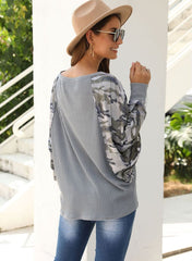 Camouflage Leopard Off Shoulder Batwing Sleeve Shirt