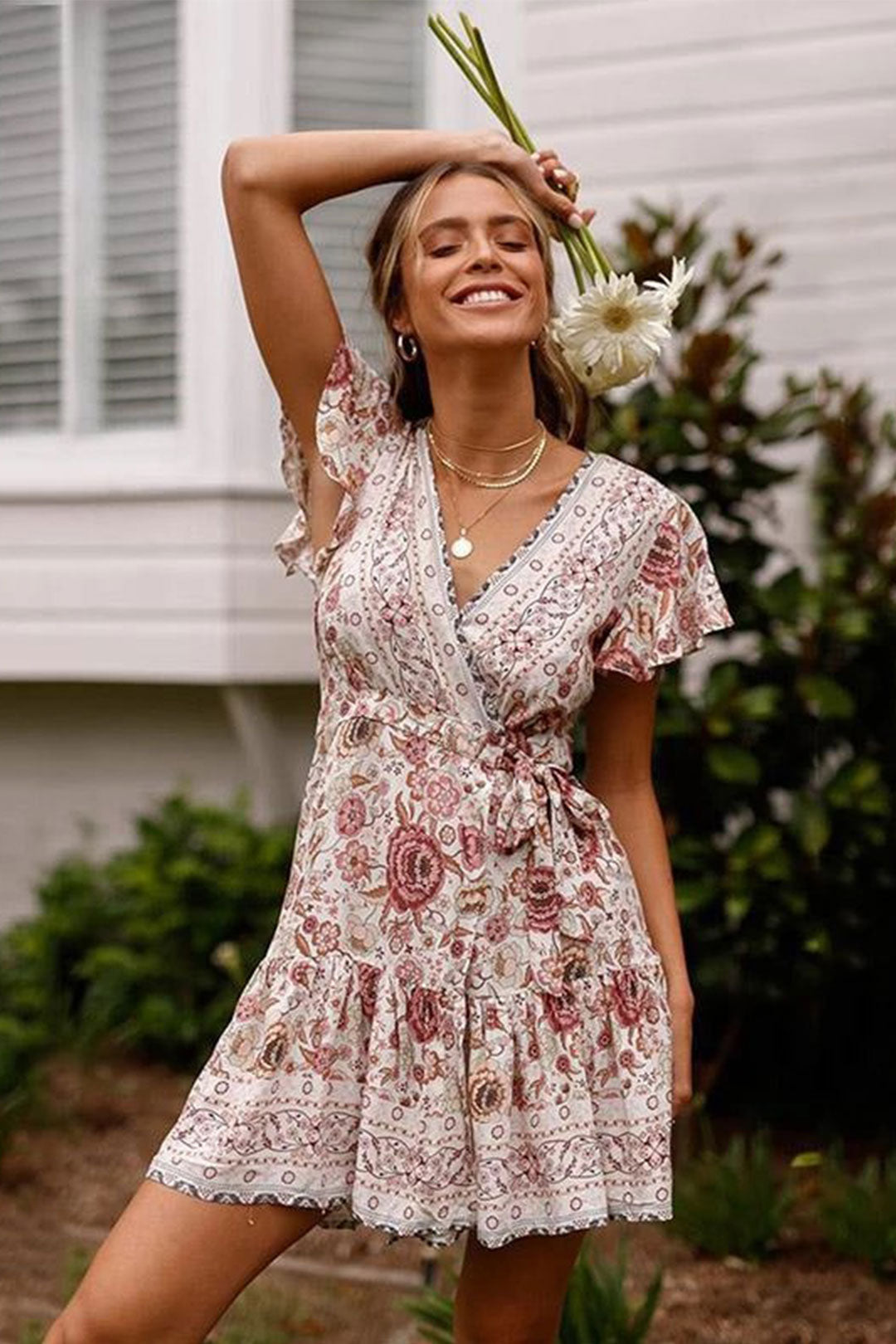 Boho Mini Dress, Sundress, Wrap Dress, Gypsy Flower in White and Blue