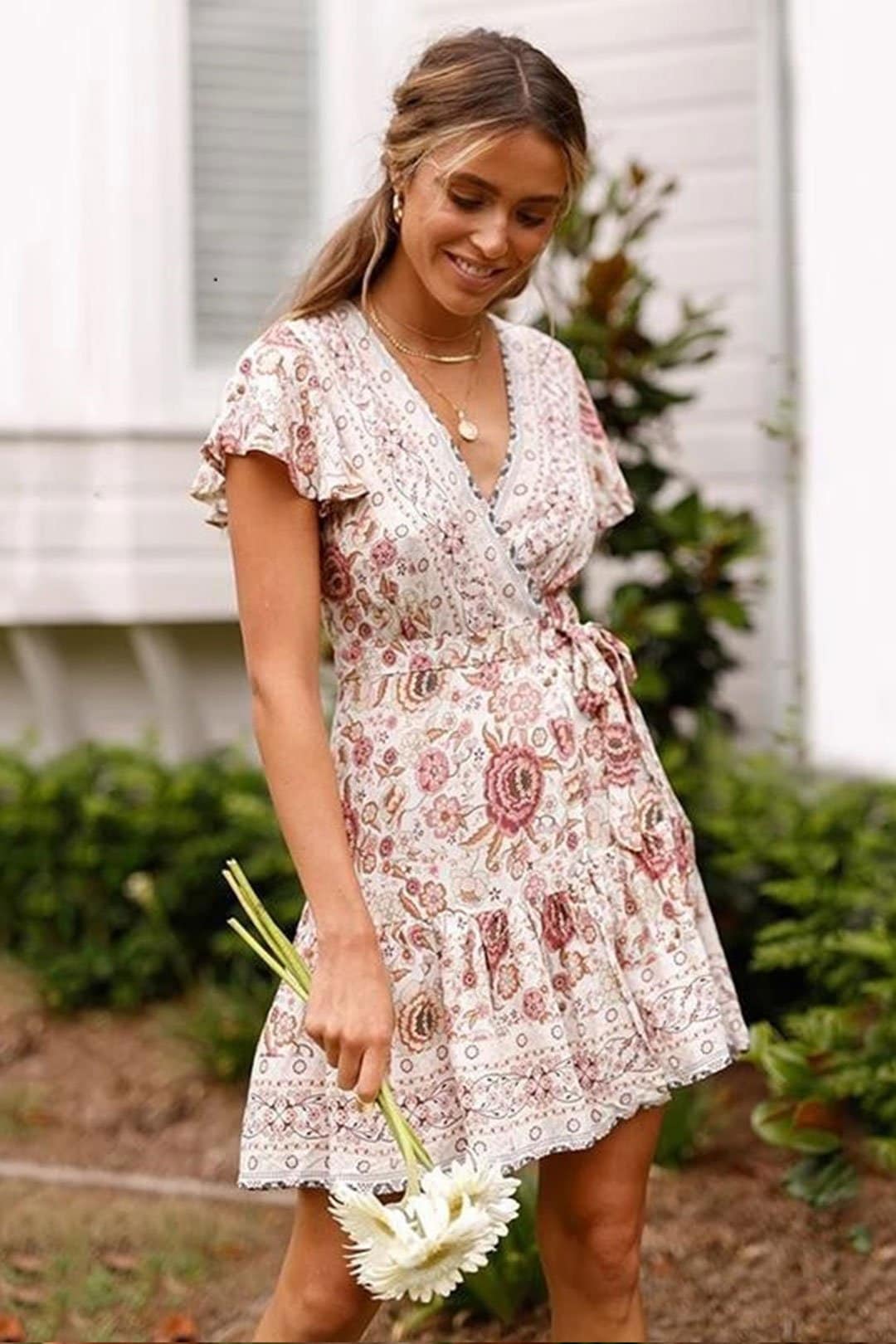 Boho Mini Dress, Sundress, Wrap Dress, Gypsy Flower in Blue and White