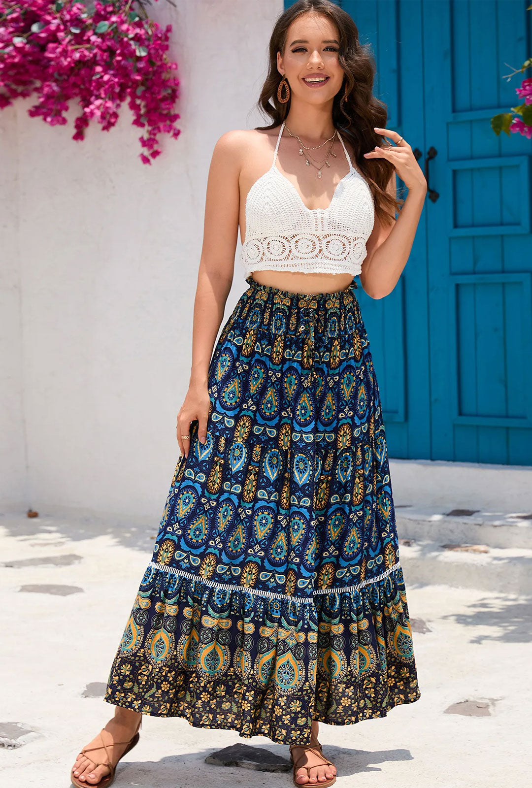 Boho Maxi Skirt - Hippie Style in Blue Peacock