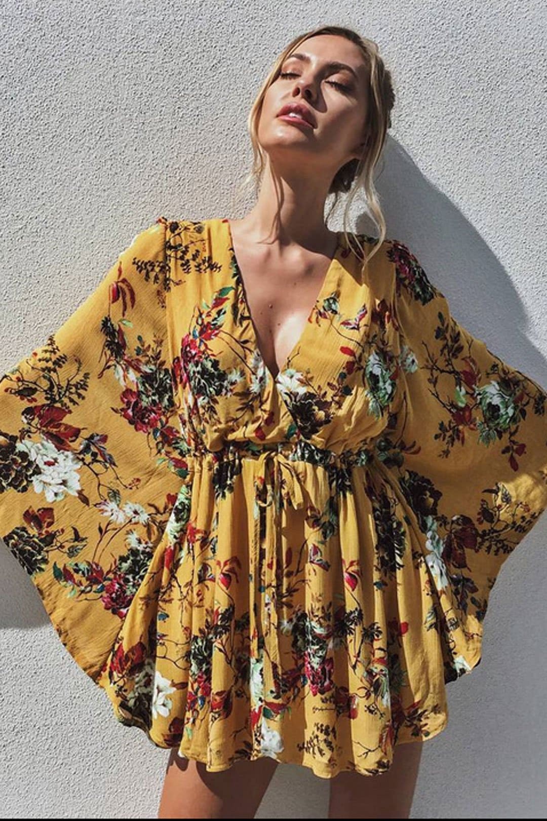 Boho Mini Dress Sundress, Wild Floral in Yellow Butterfly