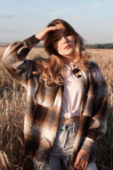 Boho Autumn Jacket, Capucino Brown Oversize Plaid Jacket