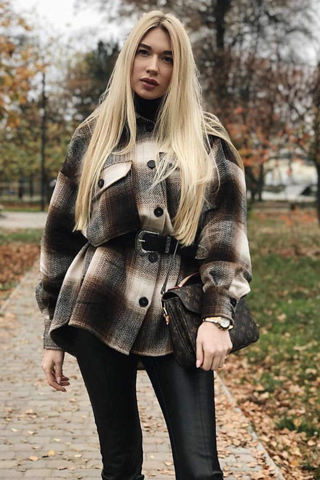 Boho Autumn Jacket, Capucino Brown Oversize Plaid Jacket