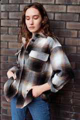 Boho Autumn Jacket, Capucino Brown Oversize Plaid Jacket