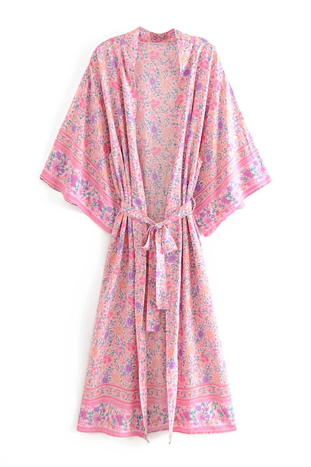 Boho Robe, Kimono Robe,  Beach Cover up, Wild Floral in Pink