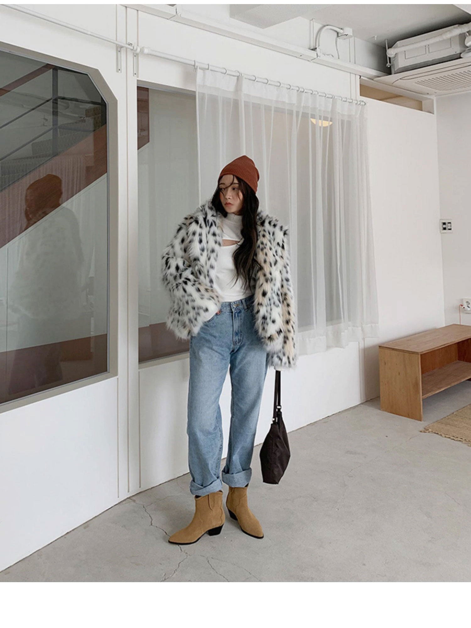 Boho Winter Coat, Fur Coat, Faux Fox Fur, Short White Leopard