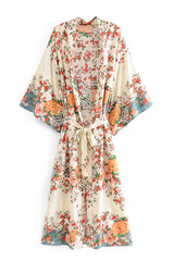 Boho Robe, Kimono Robe,  Beach Cover up, White Floral