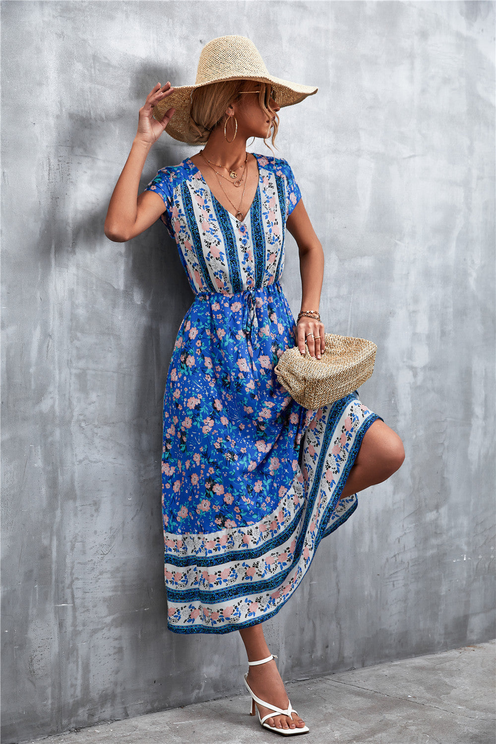 Cap Sleeve V Neck Casual Maxi Dress