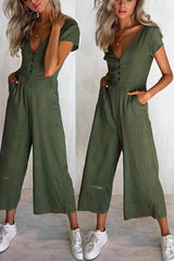 Button V Neck Short Sleeve Jumpsuits