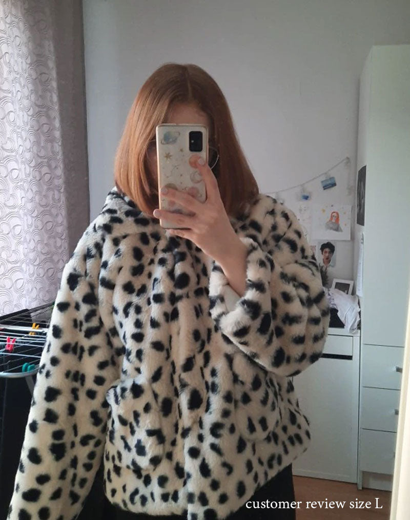 Boho Winter Coat, Fur Coat, Faux Fox Fur, White Black Dalmatian