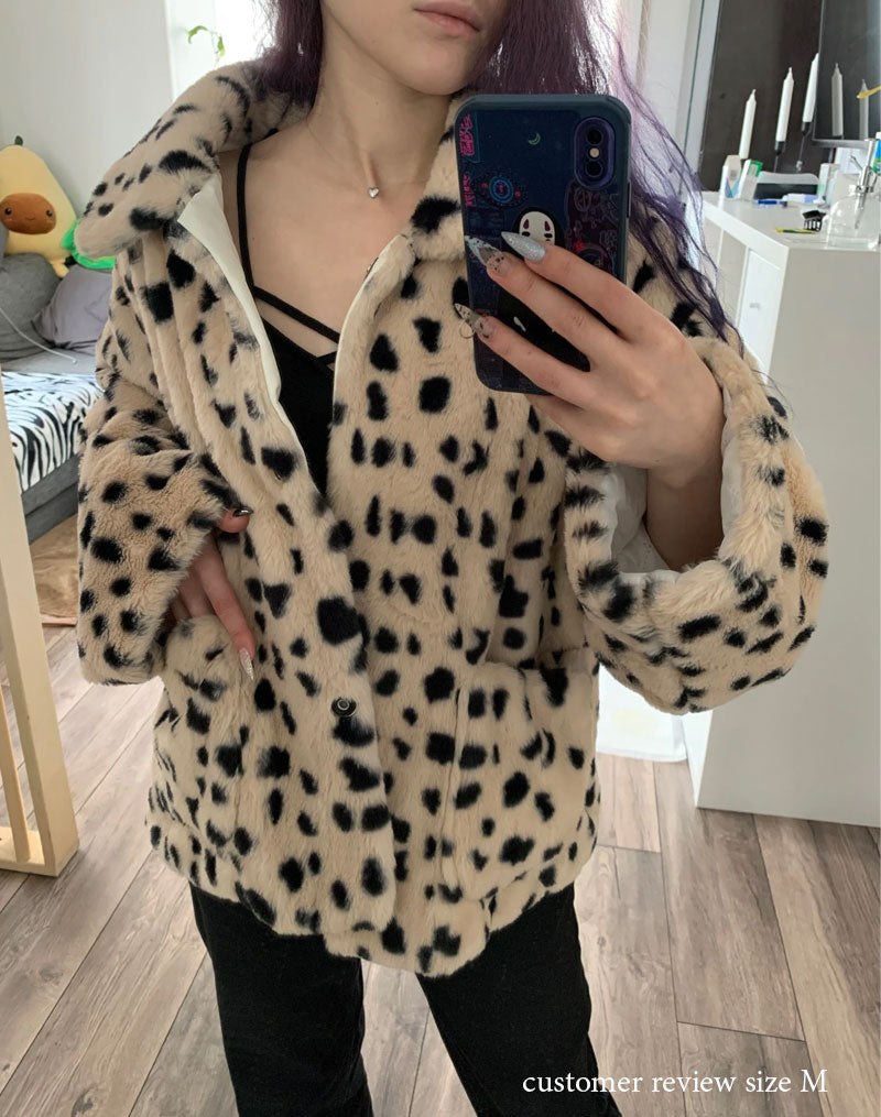 Boho Winter Coat, Fur Coat, Faux Fox Fur, White Black Dalmatian