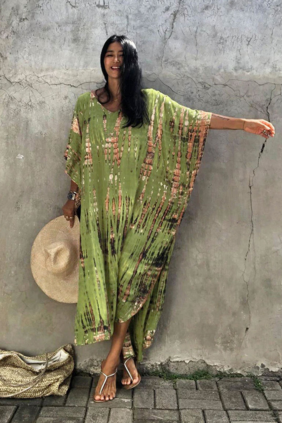 Beach Dress, Maxi Boho Dress, Kaftan Dress, Jose Tie Dye Print in Green