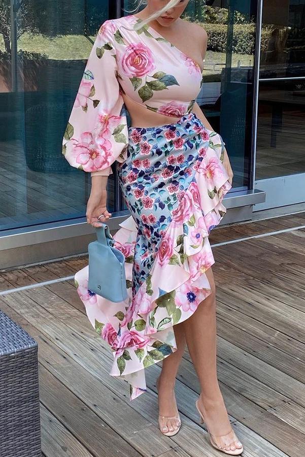 Russell Floral One Shoulder Irregular Ruffles Dress Suit