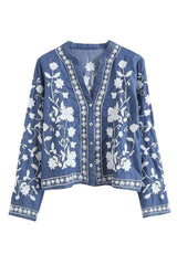 Boho Denim Jacket with Embroidered Flower