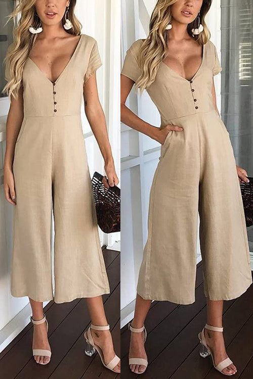 Button V Neck Short Sleeve Jumpsuits