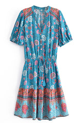 Boho Mini Dress Sundress, Blue and Red Rue