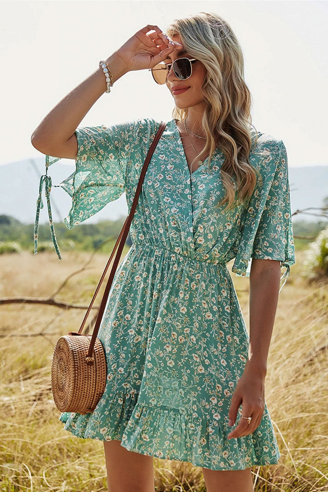 Boho Mini Dress Sundress, Jasmine Green