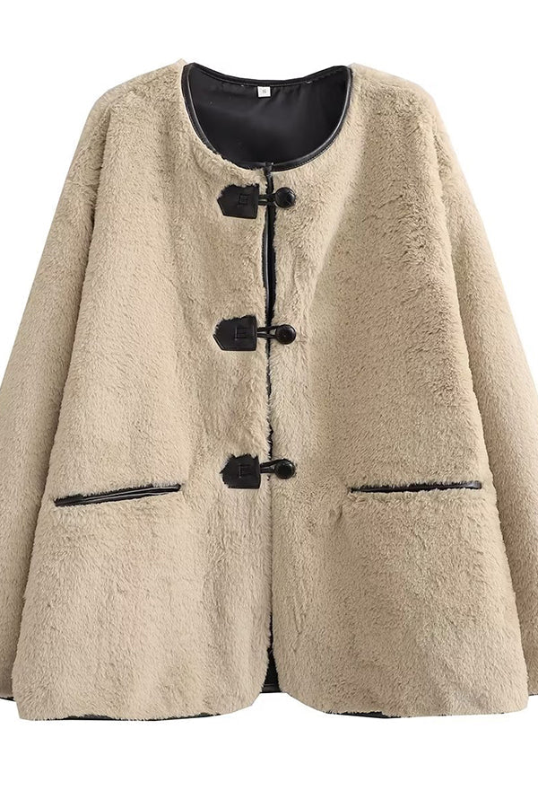 Round Neck Long Sleeve Faux Fur Coat