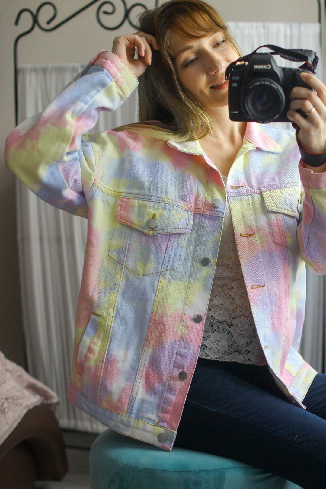 Boho Jacket, Tie Dye Denim Jacket in Candy